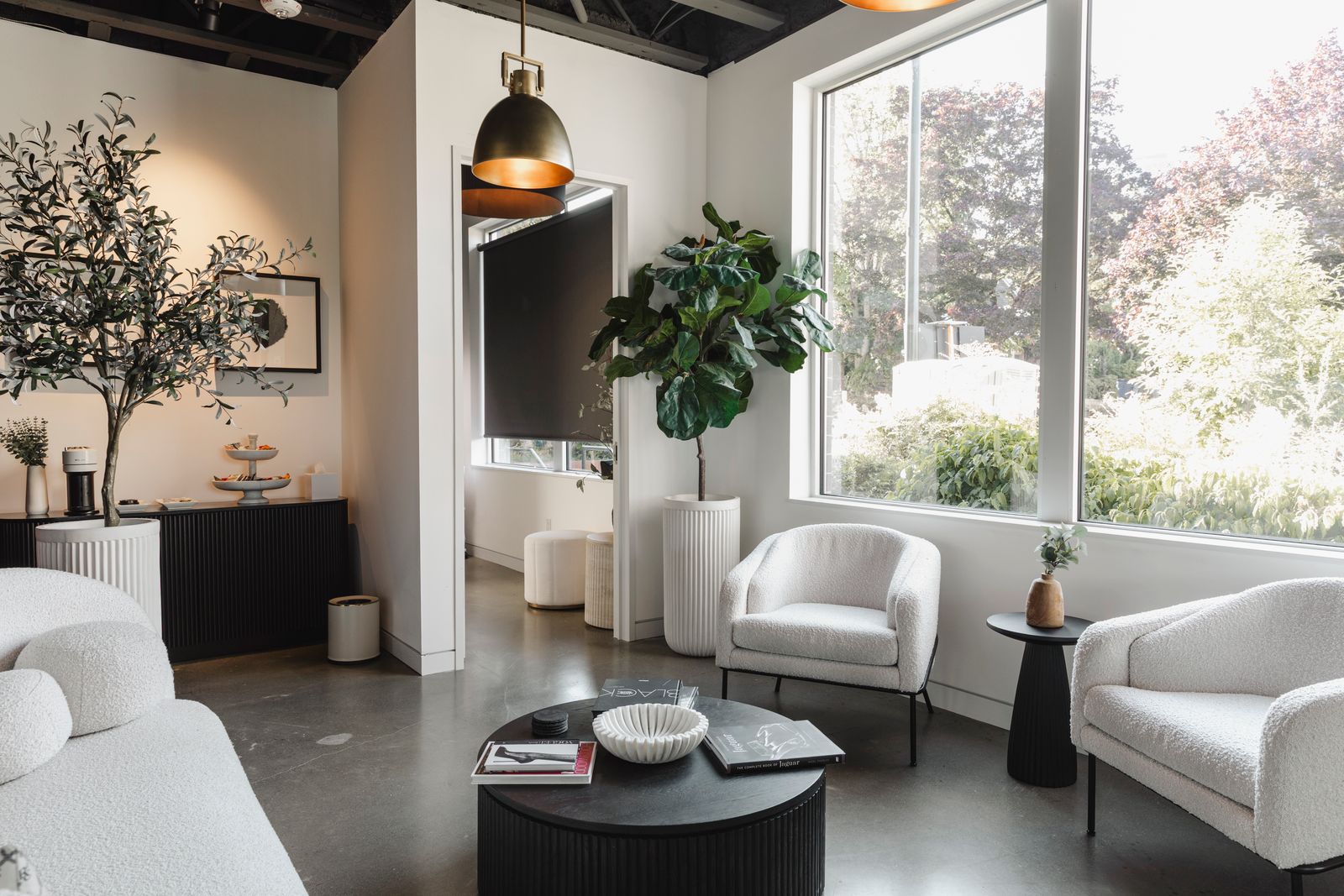 A private waiting lounge with boucle armchairs, potted olive and fiddle-leaf trees and a full-height window onto trees