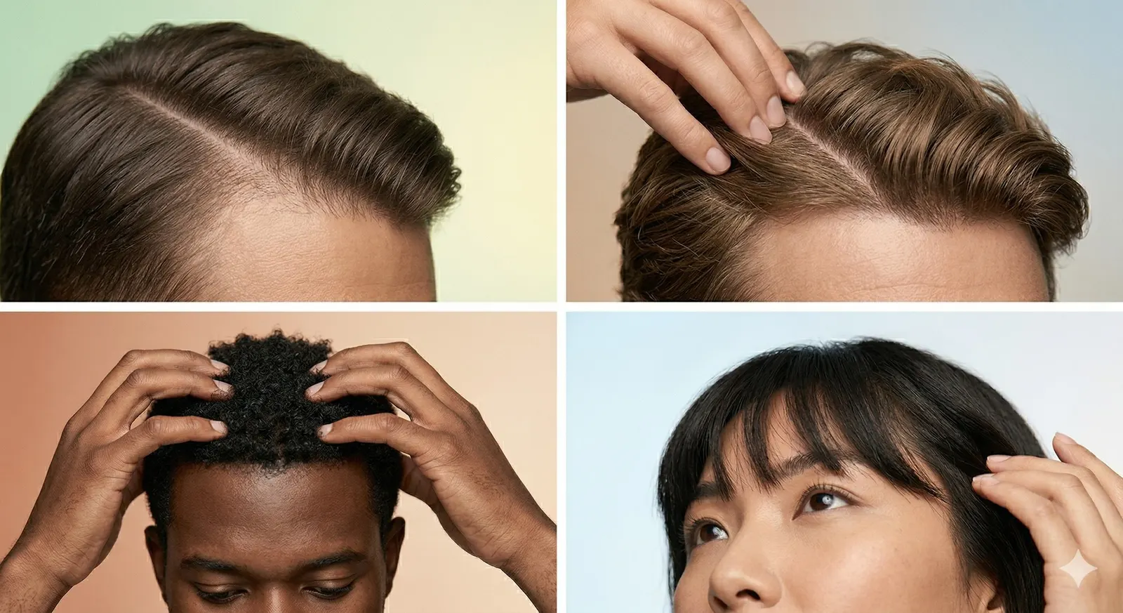 Close-up of a restored hairline being parted by hand