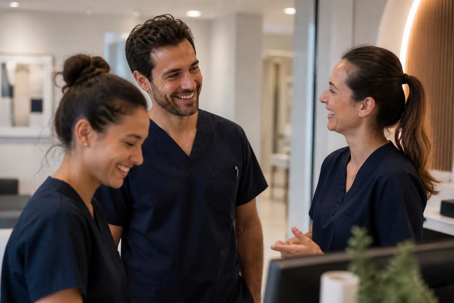 Three Advanced Hair Restoration clinicians in navy scrubs talking together in a clinic reception area