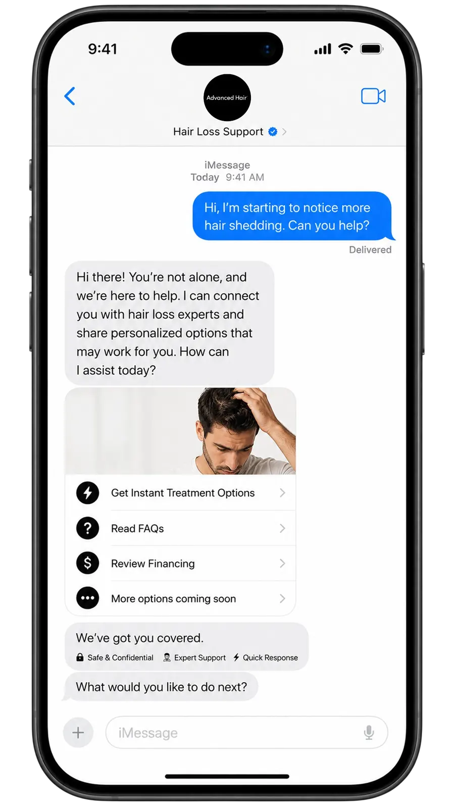 A phone showing a text conversation with the Advanced Hair Restoration hair loss support team